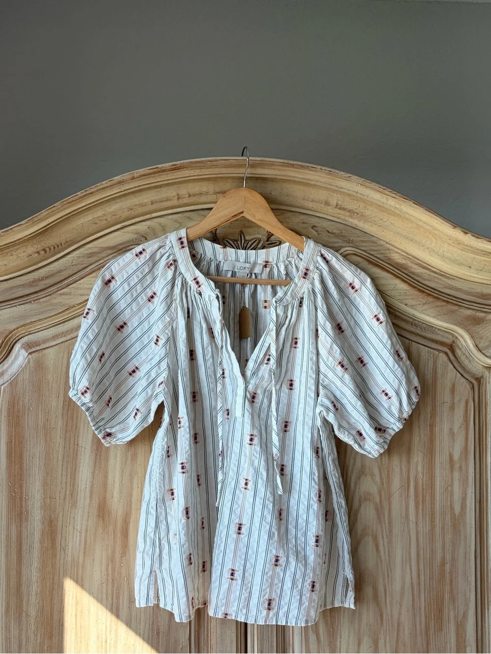 Loft Boho Puff Sleeve Stripe Aztec Blouse Size Small 100% Cotton Top